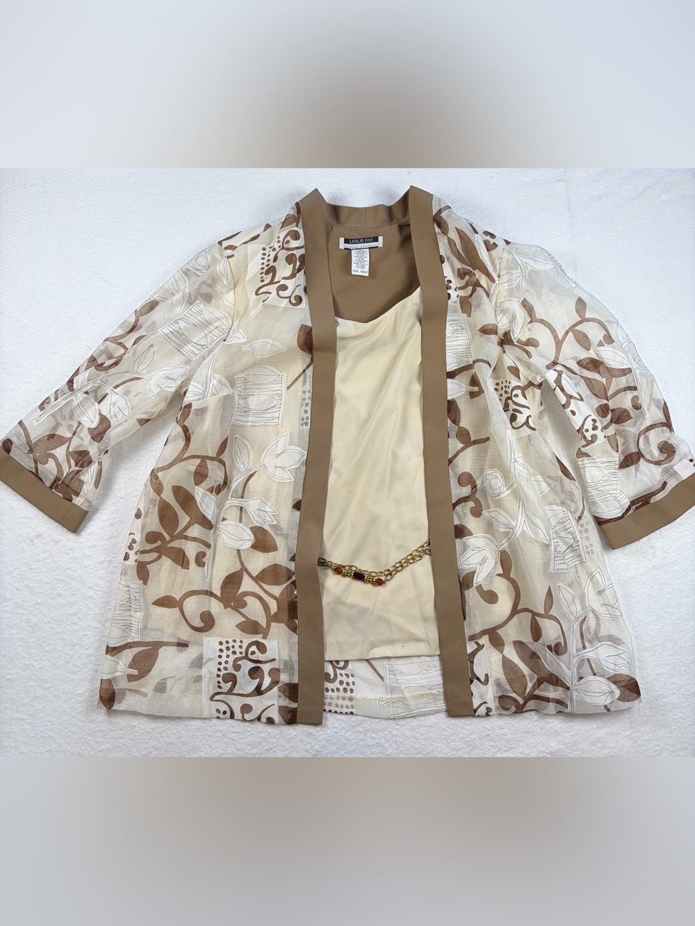 Leslie Fay Cream and Brown Lightweight/sheer Jacket with camisole/‎ chain detail